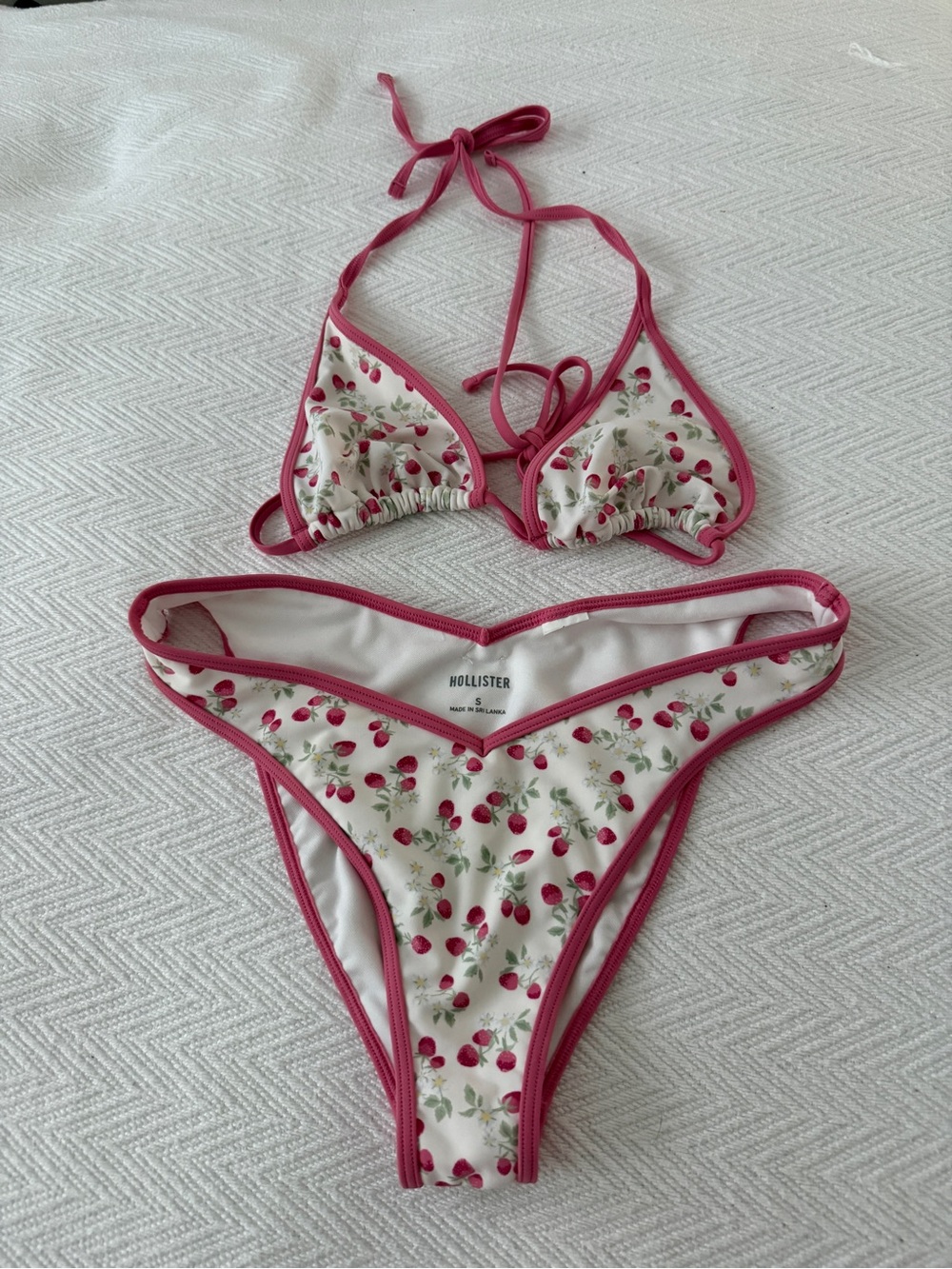 Hollister White Cherry-Print Bikini with Pink Trim